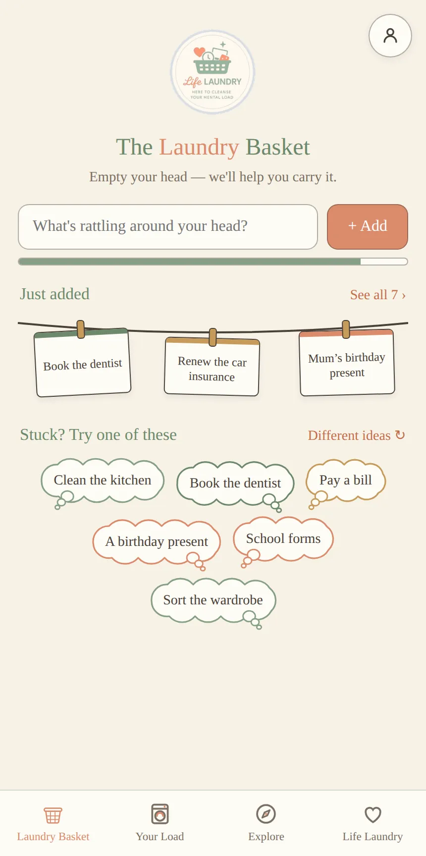 The Laundry Basket screen: a box to type what is on your mind, the things just added hanging on a washing line, and ideas to tap